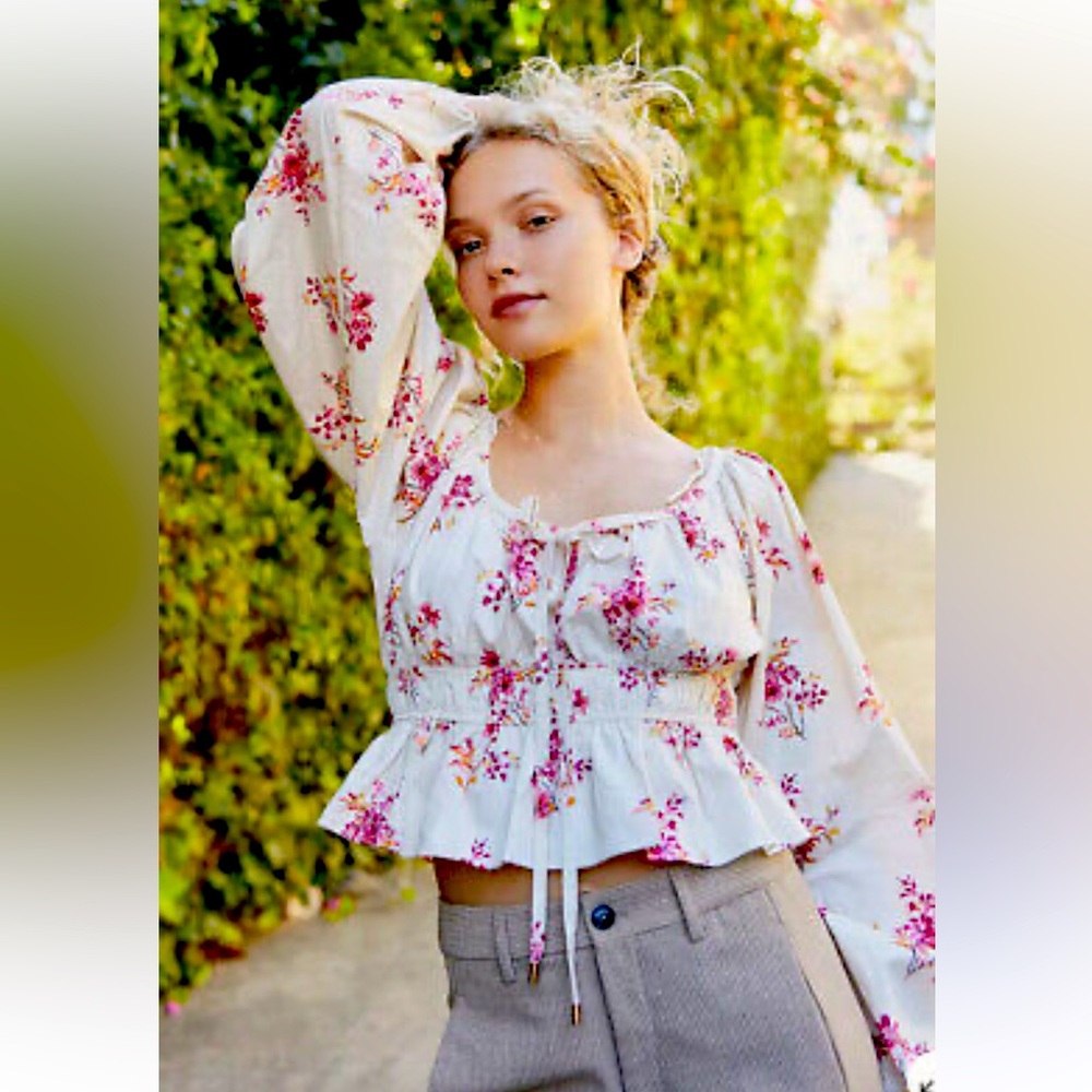 Free People | Mandy Milkmaid Peplum Top | Ruched Cotton Tie Front | Size Med